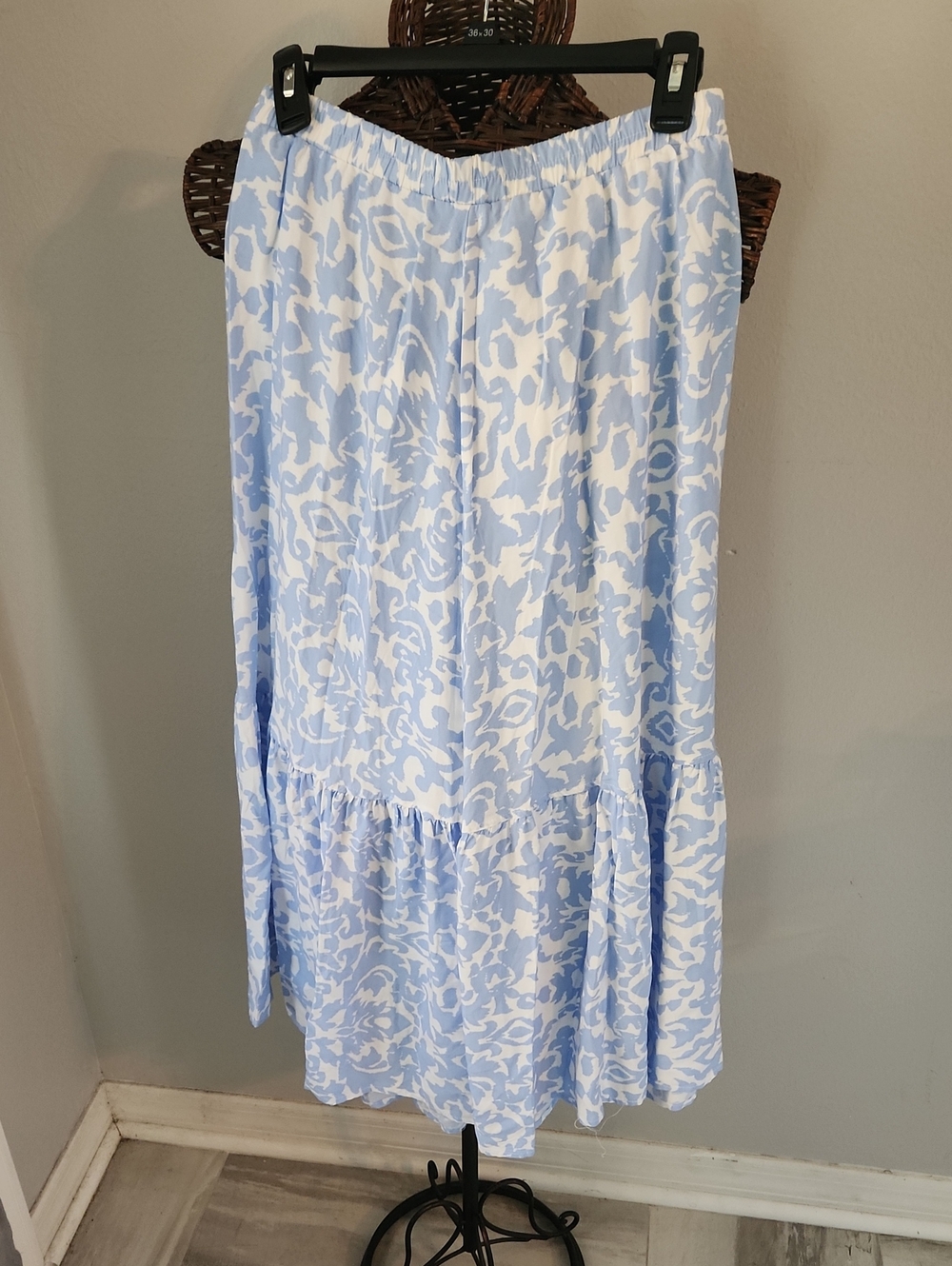 Ellen Tracy Light Blue and White Printed Tiered Maxi Skirt